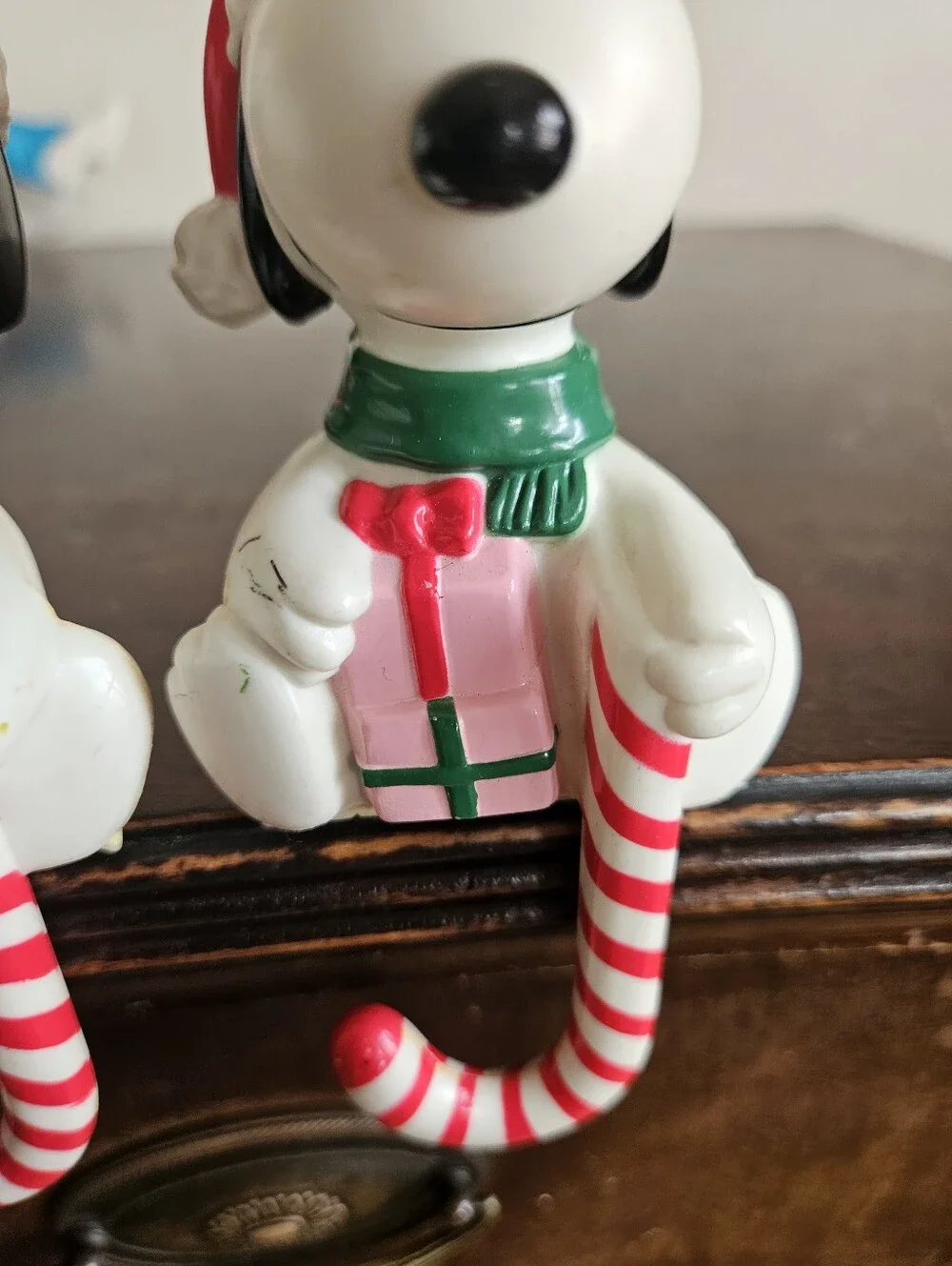 Vintage 1986 Snoopy Christmas Stocking Hangers Holders Pair Peanuts Candy Cane
